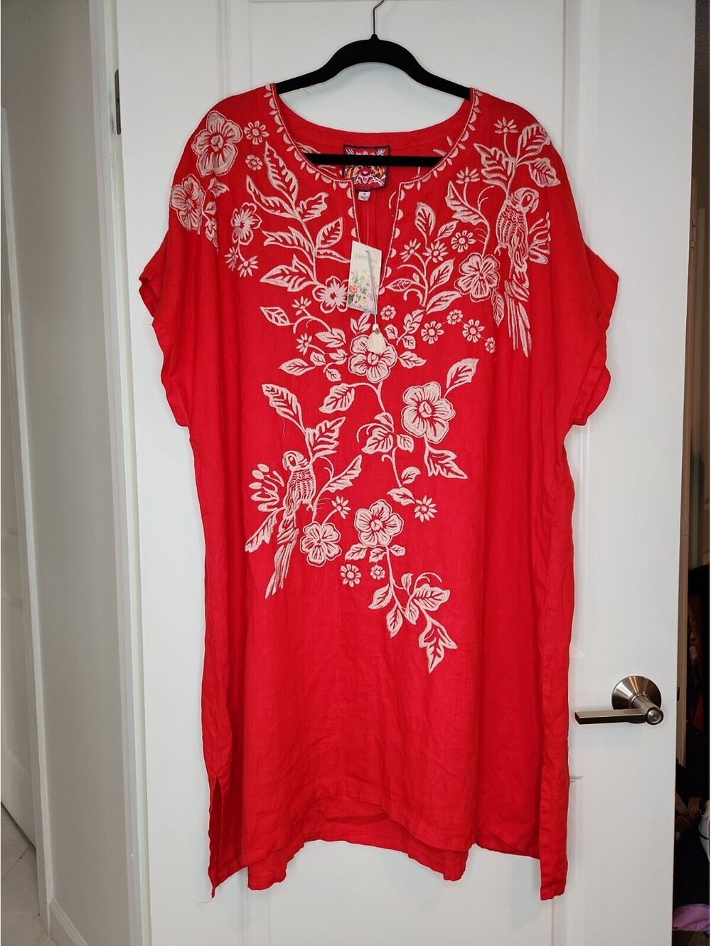 Johnny Was Shift Dress Women's Sz 3X Linen Red Wht Embroidered Tunic Floral - Picture 3 of 9